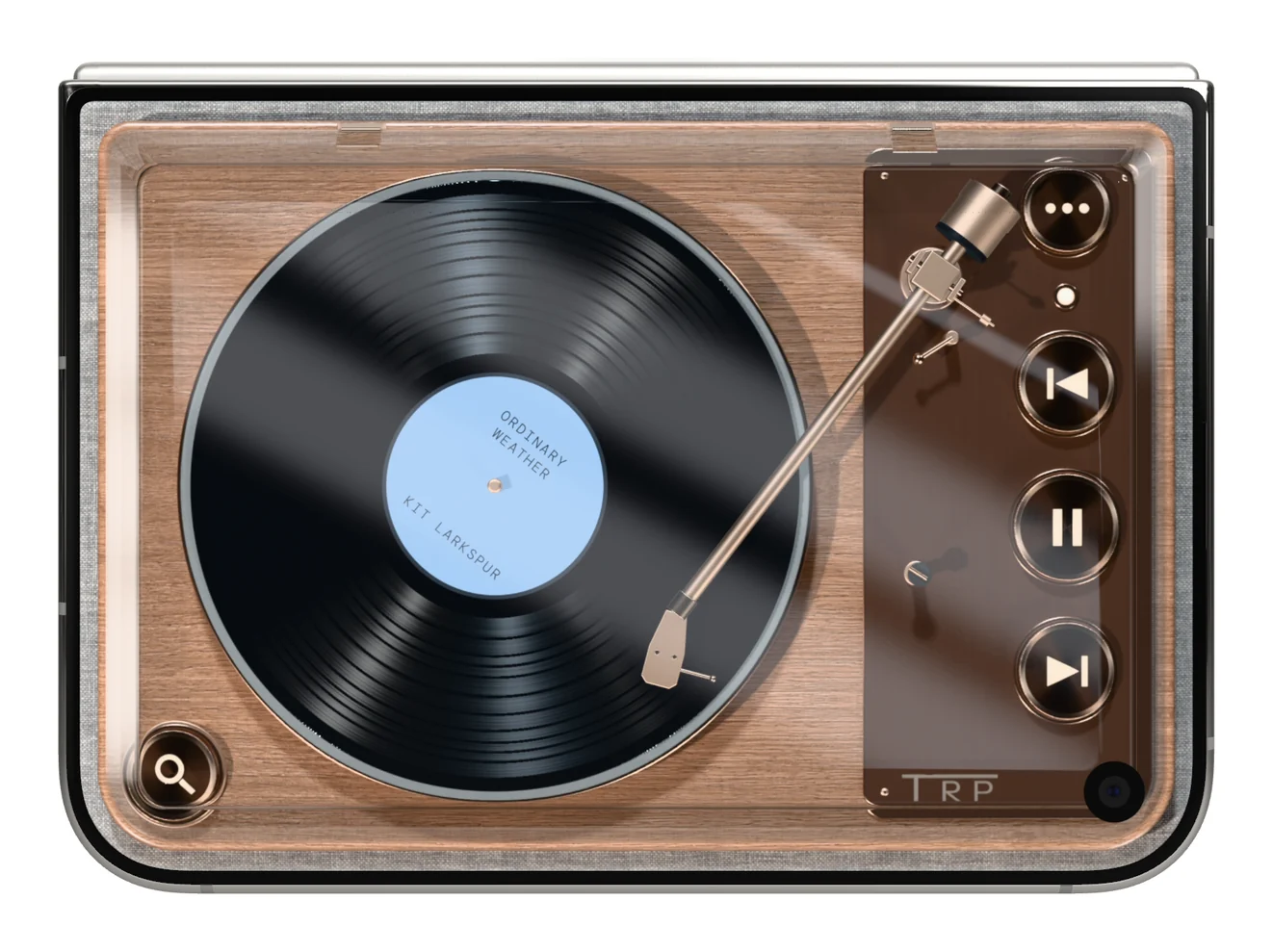 A shut iPhone Duo, the record turning under a glass lid on the cover screen