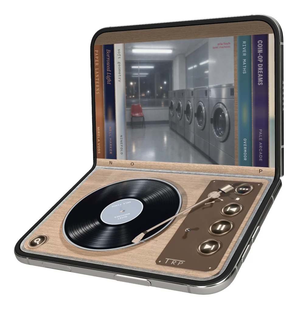 iPhone Duo open like a laptop, a record playing on the turntable in the lower half
